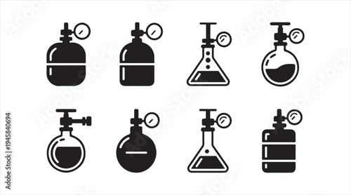 Laboratory glassware icon collection, chemistry experiment flask symbols minimal vector set