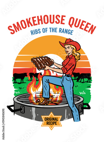Texas Pit Boss Smokehouse Queen holding meat forks up, vintage pop art mascot vector with longhorn and ranch gate for authentic BBQ branding.