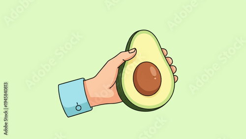 Hand holding a halved avocado on a light green background