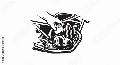 Hand installs component into motorcycle engine