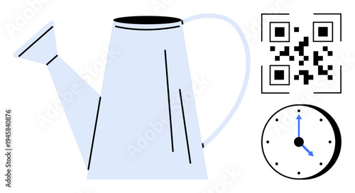 Gardening, technology, time management, digital utility, scheduling, modernization. A watering can alongside a QR code and clock. Gardening and scheduling concept in a minimalist vector illustration