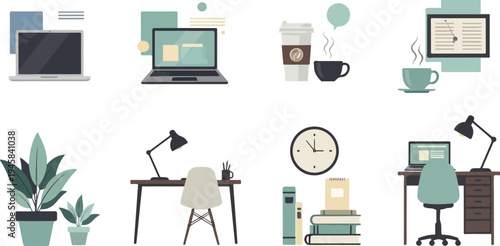 Flat vector icons of home office desk, plants, coffee, and clock
