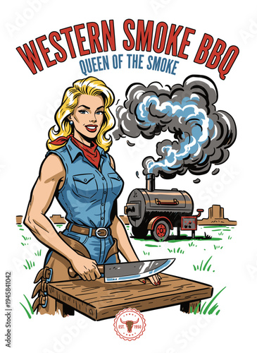 Vintage pin-up woman tending to outdoor smoker grill, retro pop art graphic for authentic Texas barbecue festival.