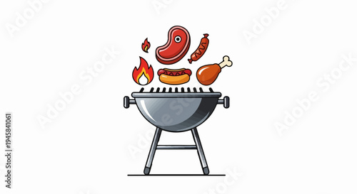 Flat illustration of a charcoal grill with hot dogs, steak, and chicken