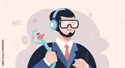 Man in suit with headphones and goggles holding a tool