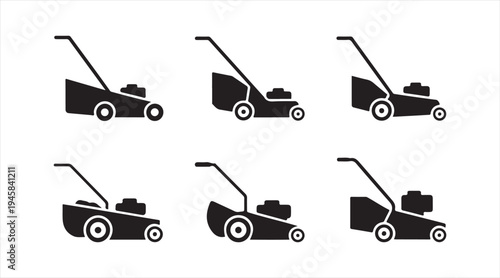 Grass cutter lawn mower icons, landscaping gardening machine silhouettes set