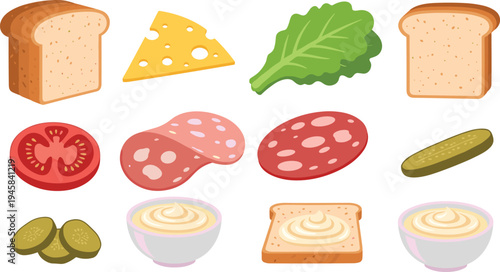 Set of sandwich ingredient icons featuring bread slices cheese lettuce tomato salami pickles and sauce in colorful flat cartoon style for food design.