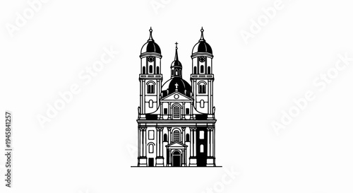 Ornate church facade with multiple domes, towers, and symmetrical windows