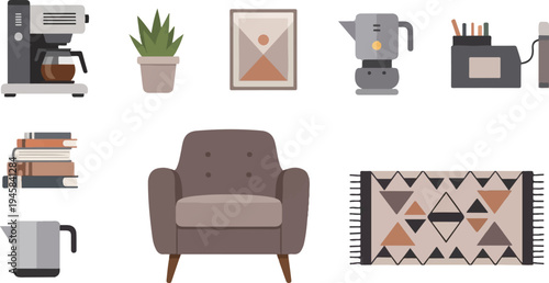 Cozy living room elements coffee maker, plant, art, kettle, desk organizer, armchair, rug