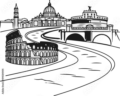 Iconic Italian landmarks depicted in a stylized line art cityscape