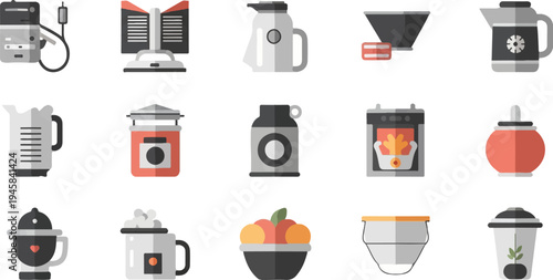 Flat design icons of kitchen appliances and food items
