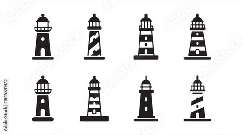 Coastal lighthouse navigation beacon icons, maritime safety tower symbol vector collection