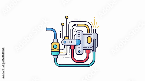 Complex industrial machinery with pipes, valves, and glowing sparks