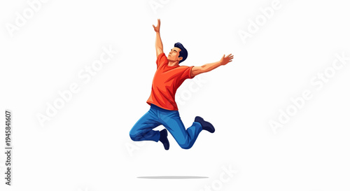 Energetic young man in mid-air with arms outstretched