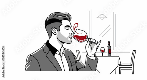 Man in suit savoring red wine at a table with bottle and glass