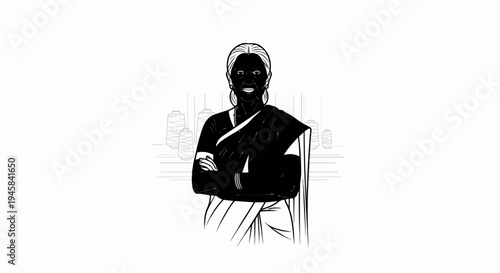 Confident woman in traditional attire stands with arms crossed