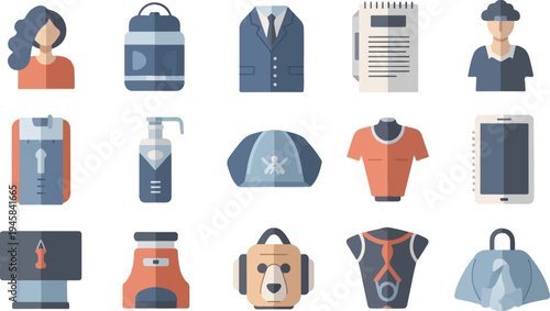 Diverse flat icons of everyday objects, people, and accessories
