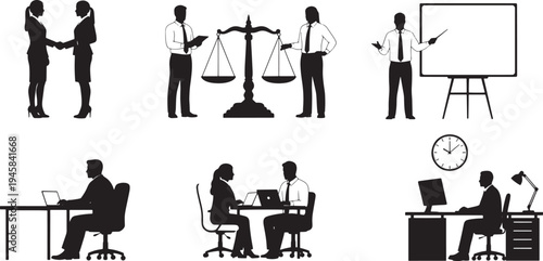 Professional business and legal vector icon set showing diverse office work, team collaboration, client meetings, legal consultations, and engaging presentations