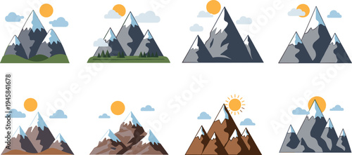 Set of snow capped mountain peaks icons featuring sun and clouds in colorful flat cartoon style for travel and outdoor adventure design.