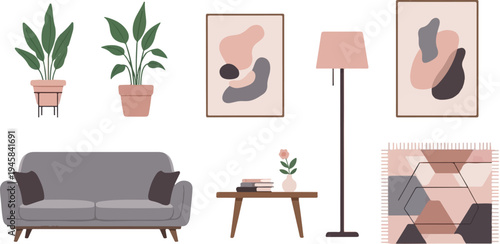 Modern living room decor with plants, art, and furniture