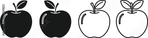 Apple silhouette and outline icon set, red apple vector illustration, organic fruit symbols isolated on white background, healthy food design.