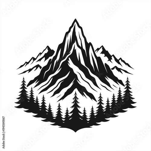 A serene mountain landscape with pine trees in a minimalist illustration style