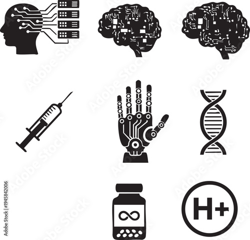 Transhumanism Biotechnology and Cybernetic Human Enhancement Icons Silhouettes