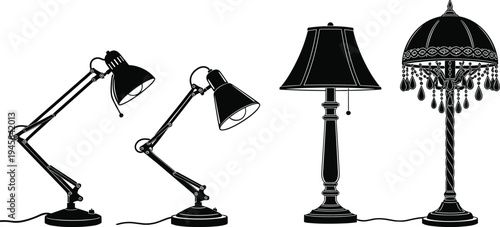 Vector Silhouette Collection of Desk Lamps, Adjustable Office Task Lights, Classic Table Lamps, and Ornate Decorative Lighting for Interior Design Assets