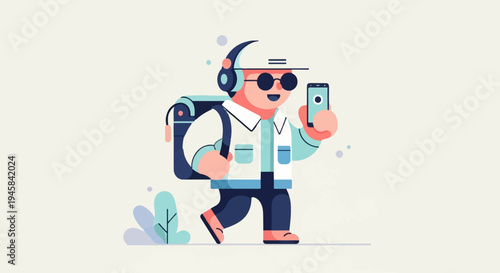 Flat illustration of a person with headphones and backpack holding a smartphone
