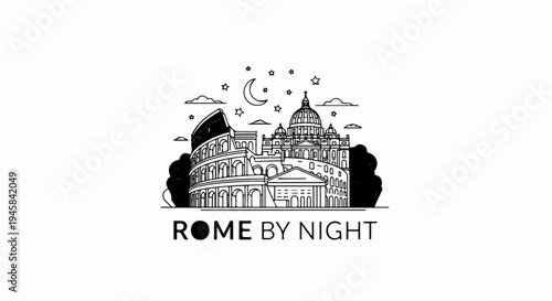 Iconic Rome skyline illustration with moon, stars, and text below