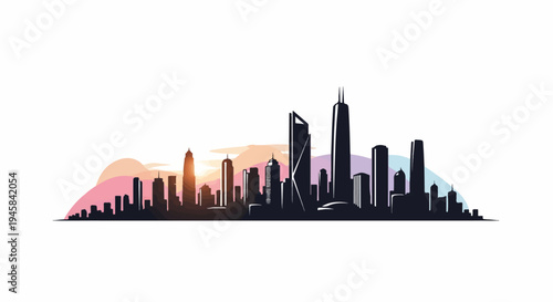Silhouetted city skyline against a gradient of pastel sunset colors