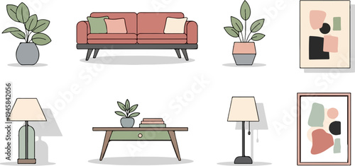 Modern home decor items plants, couch, tables, lamps, and abstract art