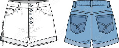 Technical CAD Drawing Flat Vector Illustration of Women's High Waisted Denim Shorts Featuring a Button Fly Front and Cuffed Hem Detail