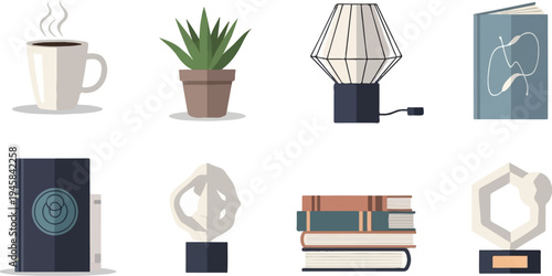 Eight flat design icons featuring office and home decor items