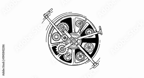 Intricate mechanical diagram of gears and levers in a circular assembly