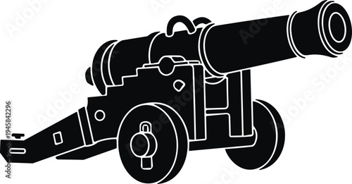 Historical cannon icon, vintage artillery silhouette, military weapon vector, war history design, battlefield equipment, old cannon illustration, defense symbol, antique gun