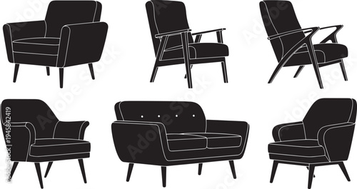 Collection of stylish upholstered and wooden armchairs, various retro and contemporary sofa designs perfect for interior decor, home staging, or furniture retail visuals