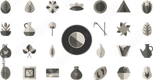 Collection of flat, monochromatic icons featuring plants, containers, and abstract shapes