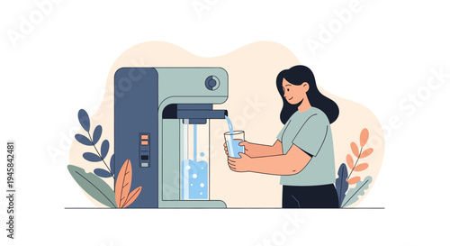 Woman Filling Bottle at Water Cooler.