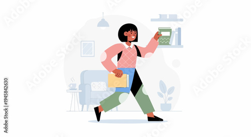 Person picking up books from a shelf in a room with furniture