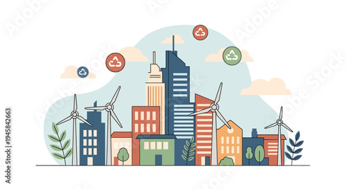 Sustainable City with Wind Turbines and Buildings.
