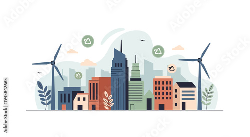 Sustainable City Skyline with Wind Turbines.
