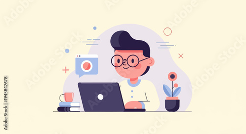 Cartoon boy wearing glasses happily working on a laptop with coffee, books, and plant