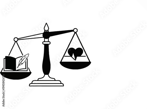 Scales balancing a book with a quill and a heart with a heartbeat line