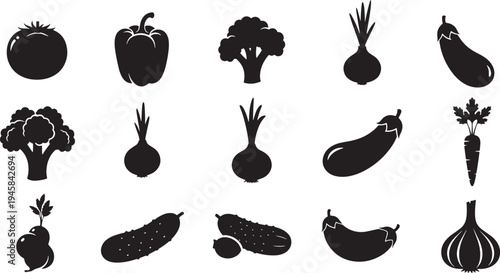 Black silhouette icons of fresh garden vegetables. Perfect for illustrating healthy eating, culinary projects, and farm-to-table graphic designs