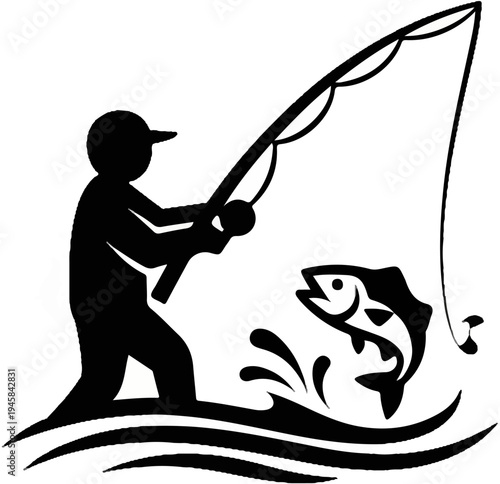 Silhouette of person fishing, a jumping fish, and choppy water