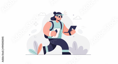 Person with backpack and tablet running outdoors