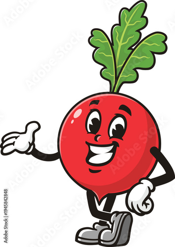 Red radish cartoon mascot with welcoming pose