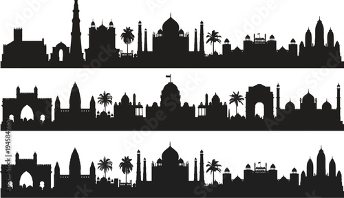 Silhouettes of indian city skylines with famous monuments and palm trees with taj mahal with palm tree