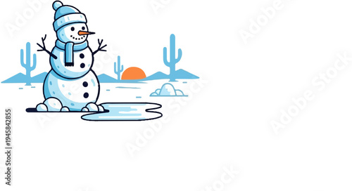 Snowman in desert landscape with melting ice puddle, sunset